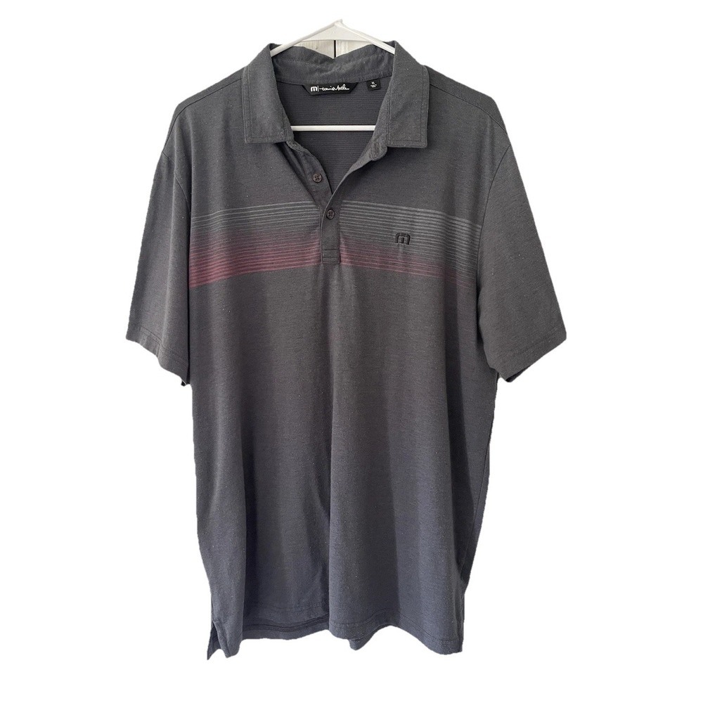 TravisMathew Men's XL Gray Red Striped Polo Shirt Golf Casual Short Sleeve